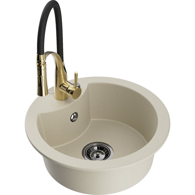 Mexen Diego évier en granit 1 bac avec robinet de cuisine Aster, beige - 6512-69-73450-57-B