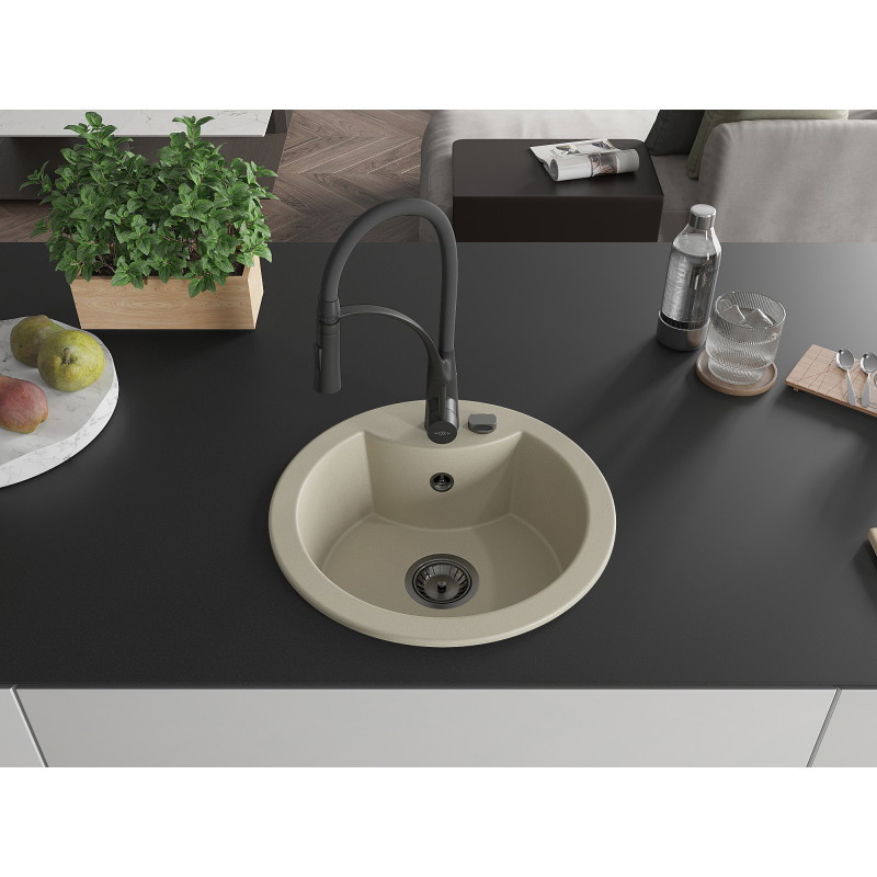 Mexen Diego évier en granit 1 bac avec robinet de cuisine Aster, beige - 6512-69-73450-70-B
