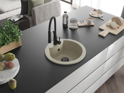 Mexen Diego évier en granit 1 bac avec robinet de cuisine Aster, beige - 6512-69-73450-70-B
