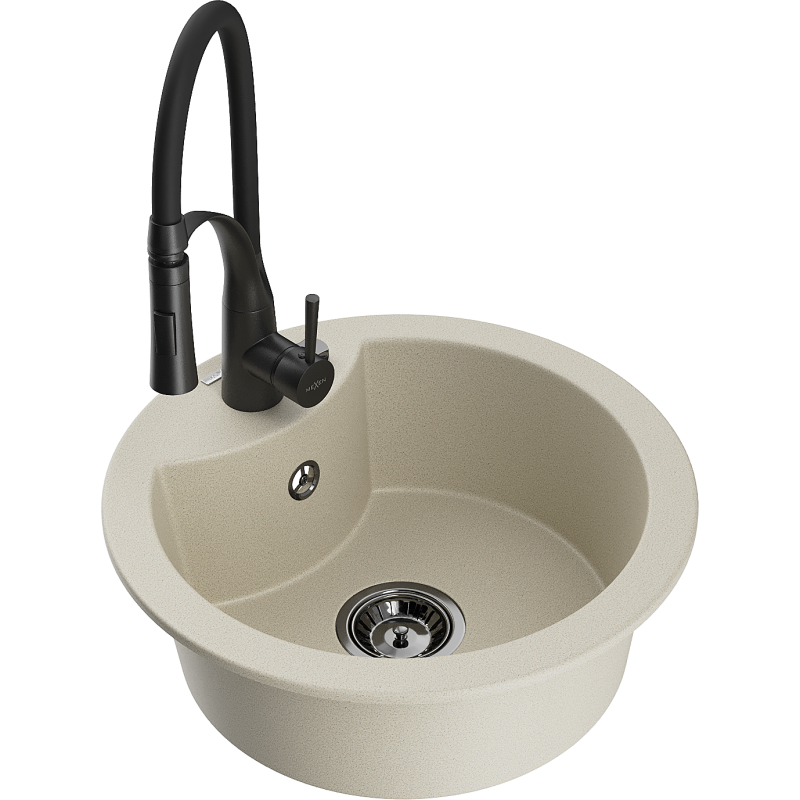 Mexen Diego évier en granit 1 bac avec robinet de cuisine Aster, beige - 6512-69-73450-70-B