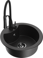 Mexen Diego évier en granit 1 bac avec mitigeur de cuisine Aster, noir/métallisé argent - 6512-73-73450-70-B