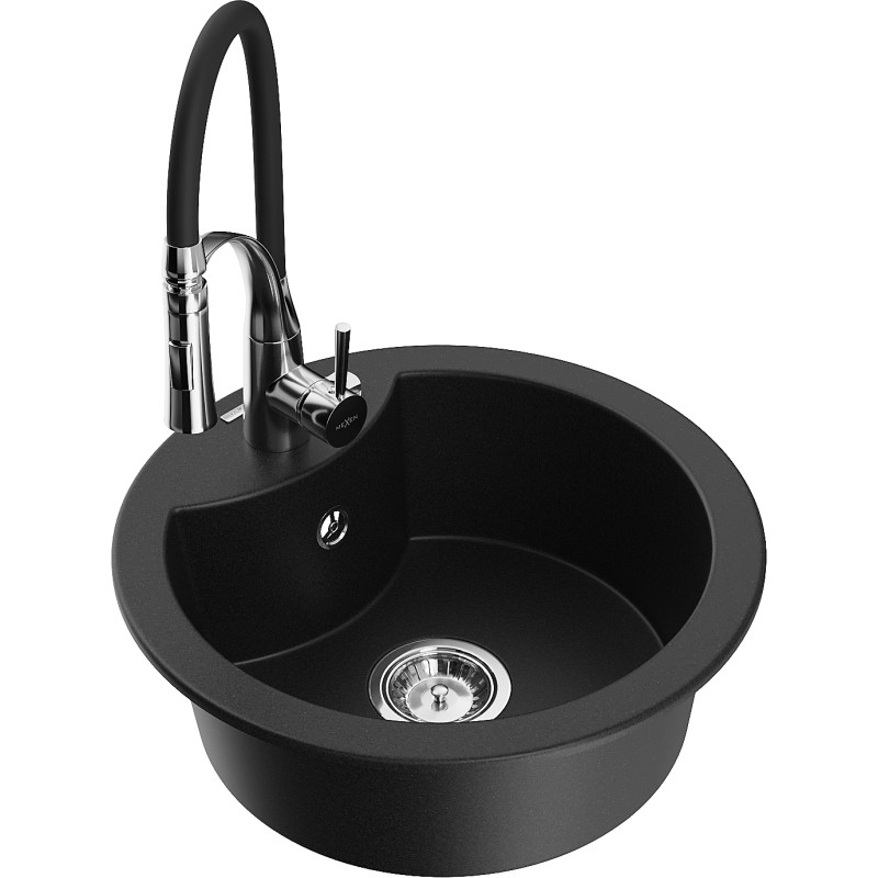 Mexen Diego évier en granit 1 cuve avec robinet de cuisine Aster, noir - 6512-77-73450-07