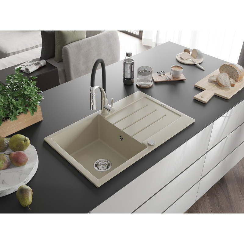 Mexen Bruno évier en granit 1 bac avec égouttoir et robinet de cuisine Aster, beige - 6513-69-73450-07