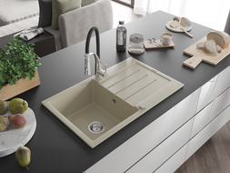 Mexen Bruno évier en granit 1 bac avec égouttoir et robinet de cuisine Aster, beige - 6513-69-73450-07