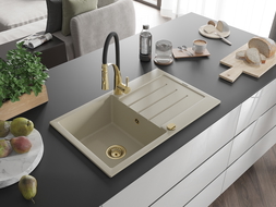 Mexen Bruno évier en granit 1 bac avec égouttoir et robinet de cuisine Aster, beige - 6513-69-73450-57-G