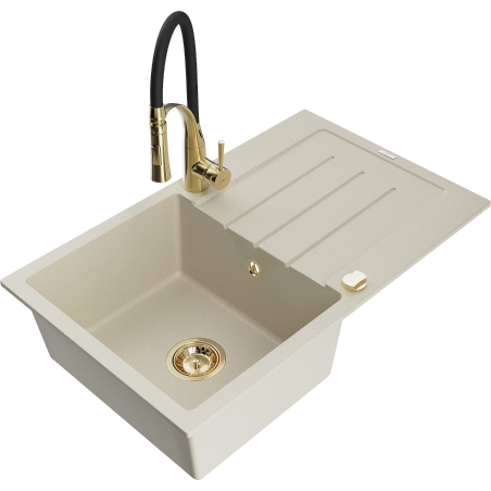 Mexen Bruno évier en granit 1 bac avec égouttoir et robinet de cuisine Aster, beige - 6513-69-73450-57-G