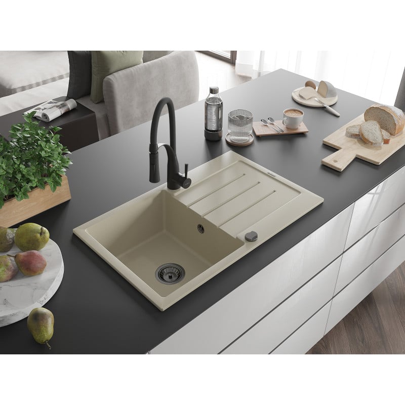 Mexen Bruno évier en granit 1 bac avec égouttoir et robinet de cuisine Aster, beige - 6513-69-73450-70-B