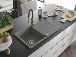 Mexen Bruno évier 1 bac granit avec égouttoir et robinet Aster, gris - 6513-71-73450-57-G