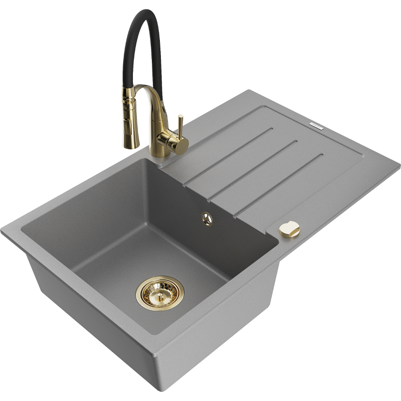 Mexen Bruno évier 1 bac granit avec égouttoir et robinet Aster, gris - 6513-71-73450-57-G