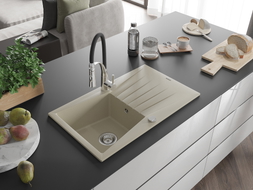 Mexen Cesar évier en granit 1 bac avec égouttoir et robinet de cuisine Aster, beige - 6514-69-73450-07