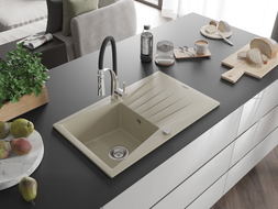 Mexen Cesar évier granit 1 bac avec égouttoir et robinet de cuisine Aster, beige - 6514-69-73450-07