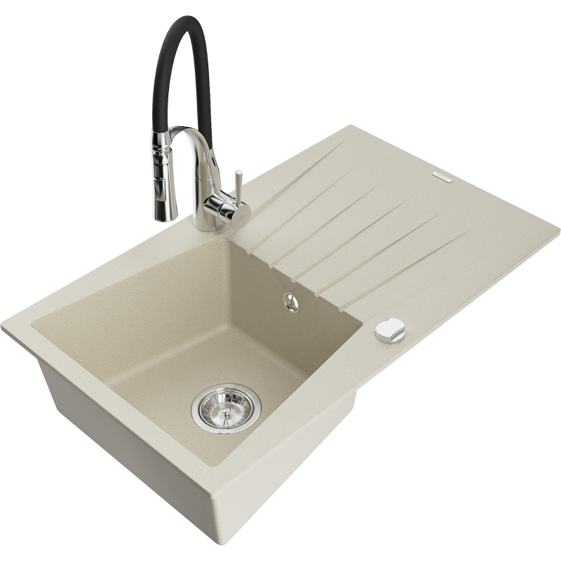Mexen Cesar évier en granit 1-bassin avec égouttoir et robinet de cuisine Aster, beige - 6514-69-73450-07