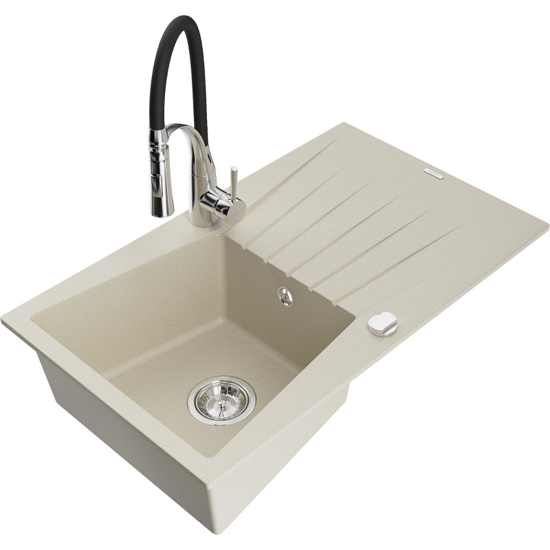 Mexen Cesar évier granit 1 bac avec égouttoir et robinet de cuisine Aster, beige - 6514-69-73450-07