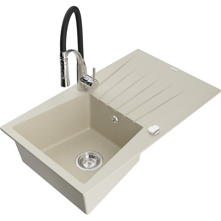 Mexen Cesar évier granit 1 bac avec égouttoir et robinet de cuisine Aster, beige - 6514-69-73450-07
