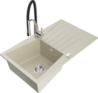 Mexen Cesar évier en granit 1-bassin avec égouttoir et robinet de cuisine Aster, beige - 6514-69-73450-07