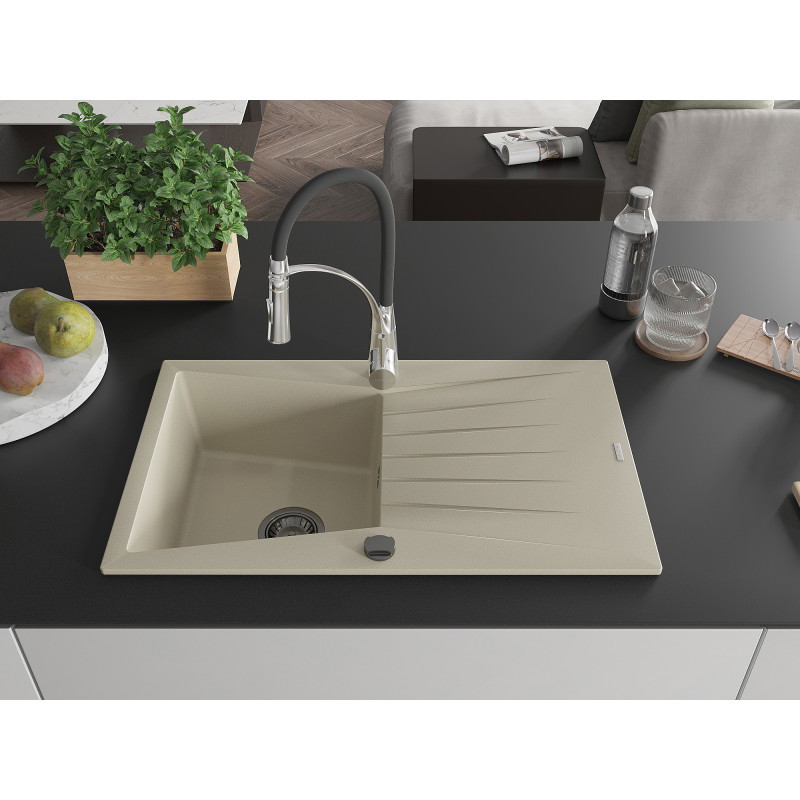 Mexen Cesar évier de cuisine granit 1 bac avec égouttoir et robinet de cuisine Aster, beige - 6514-69-73450-07-B