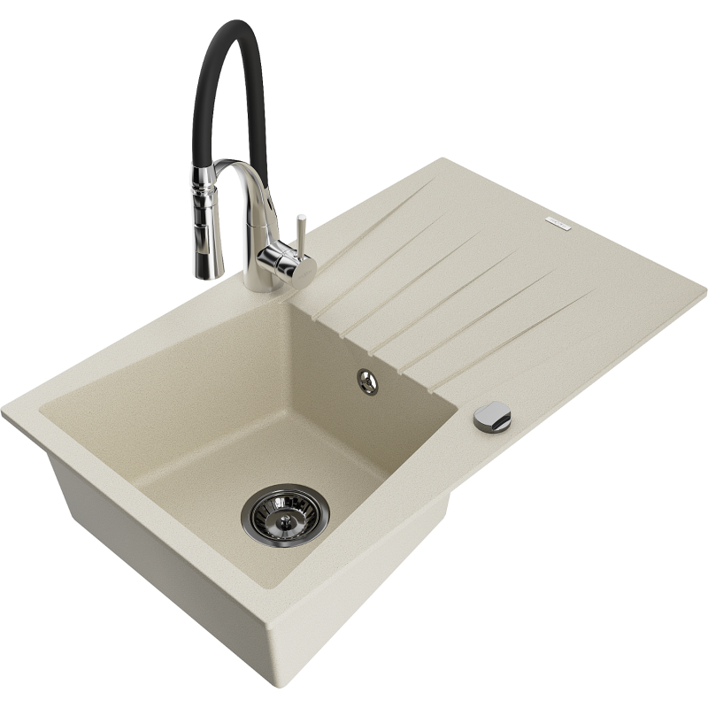 Mexen Cesar évier en granit 1 bac avec égouttoir et robinet de cuisine Aster, beige - 6514-69-73450-07-B