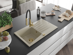 Mexen Cesar évier en granit 1 bac avec égouttoir et robinet de cuisine Aster, beige - 6514-69-73450-57-G