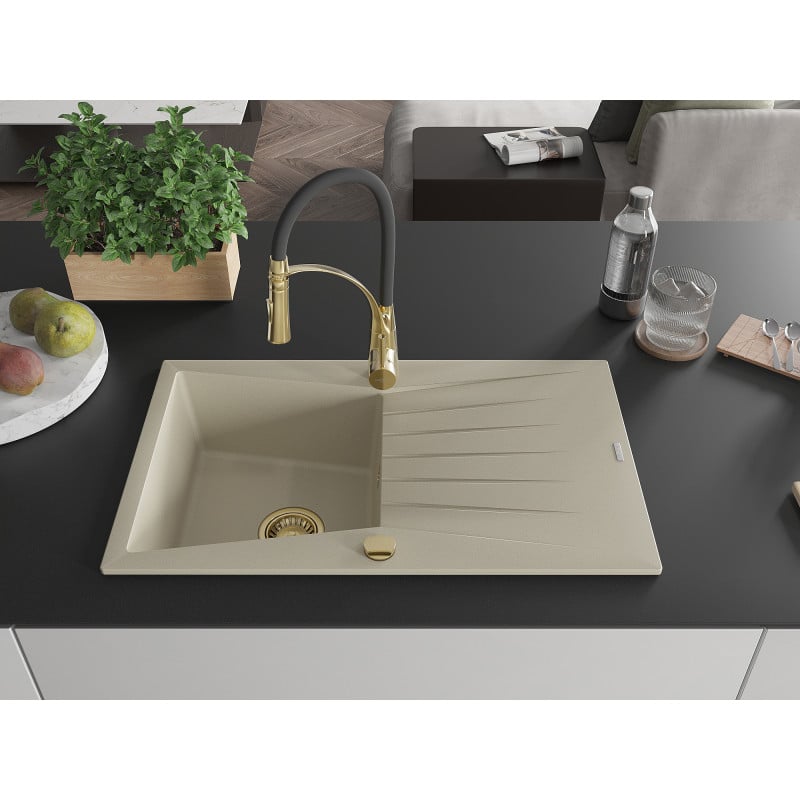 Mexen Cesar évier en granit 1 bac avec égouttoir et robinet de cuisine Aster, beige - 6514-69-73450-57-G