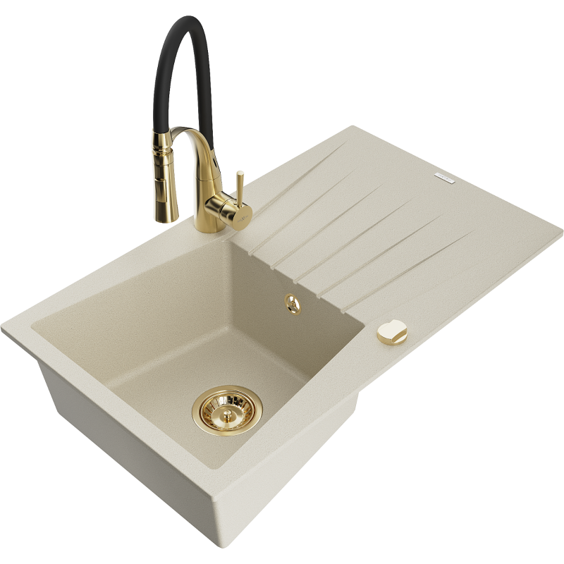 Mexen Cesar évier en granit 1 bac avec égouttoir et robinet de cuisine Aster, beige - 6514-69-73450-57-G