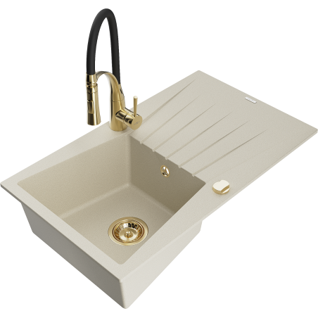 Mexen Cesar évier en granit 1 bac avec égouttoir et robinet de cuisine Aster, beige - 6514-69-73450-57-G