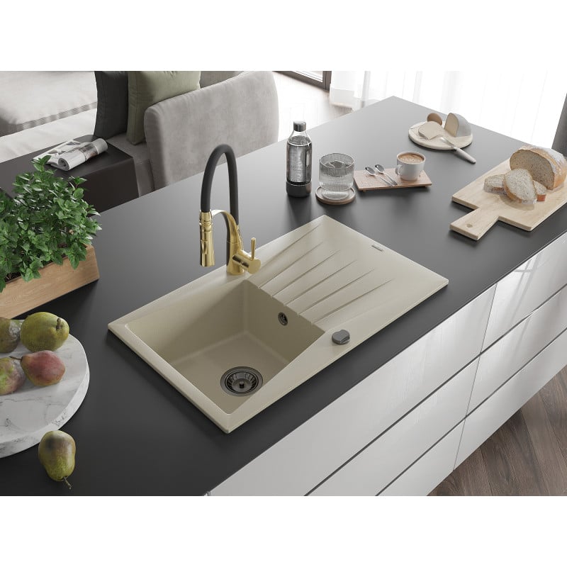 Mexen Cesar évier en granit 1 bac avec égouttoir et robinet de cuisine Aster, beige - 6514-69-73450-57-B