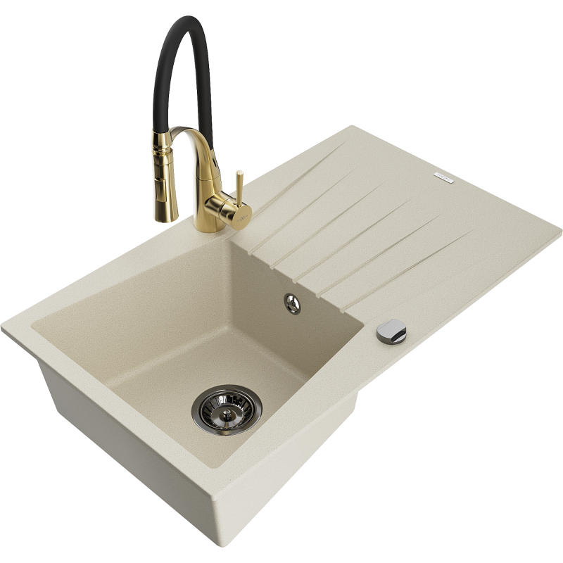 Mexen Cesar évier en granit 1 bac avec égouttoir et robinet de cuisine Aster, beige - 6514-69-73450-57-B