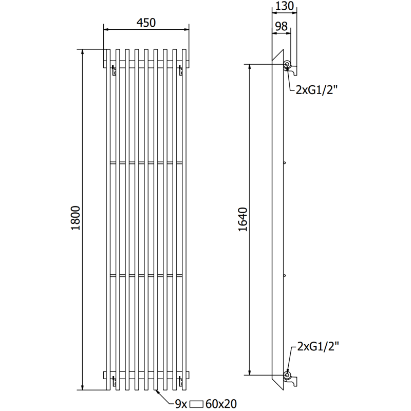 Mexen Aurora radiateur décoratif 1800 x 450 mm, 1347 W, noir - W212-1800-450-00-70