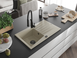 Mexen Cesar évier en granit 1 coffre avec égouttoir et robinet de cuisine Aster, beige - 6514-69-73450-70-B