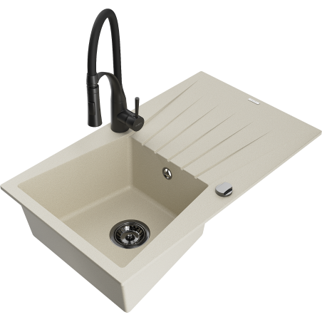 Mexen Cesar évier en granit 1 coffre avec égouttoir et robinet de cuisine Aster, beige - 6514-69-73450-70-B