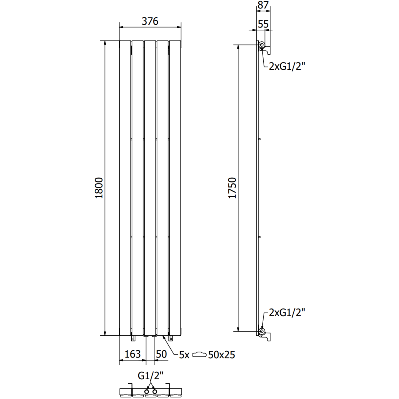 Mexen Boston radiateur décoratif 1800 x 376 mm, 740 W, noir - W213-1800-376-01-70