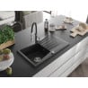 Mexen Cesar évier en granit 1 bac avec égouttoir et robinet de cuisine Aster, noir/argent métallisé - 6514-73-73450-07