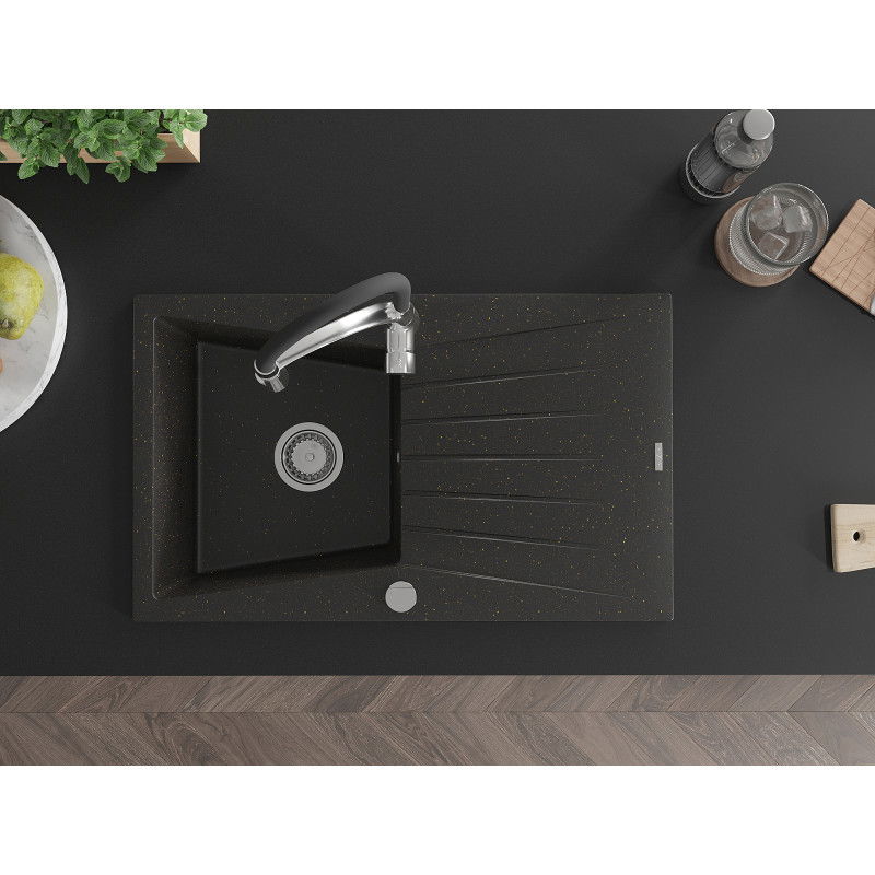 Mexen Cesar évier en granit 1 bac avec égouttoir et robinet de cuisine Aster, noir/métal doré - 6514-75-73450-07