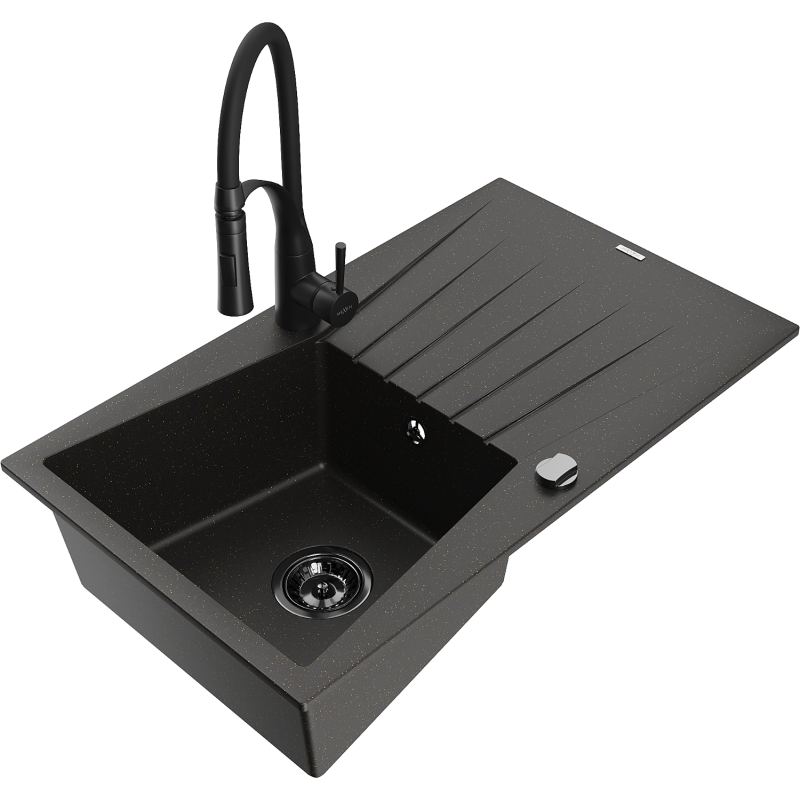 Mexen Cesar évier en granit 1 bac avec égouttoir et robinet de cuisine Aster, noir/métallisé doré - 6514-75-73450-70-B