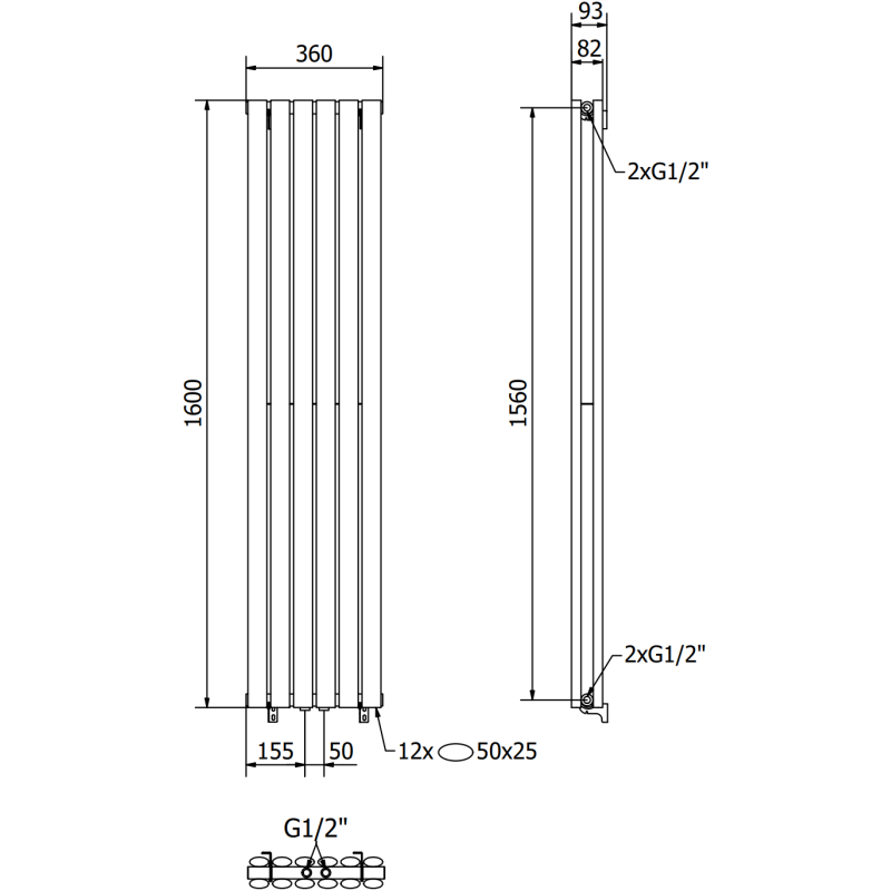 Mexen Dallas radiateur décoratif 1600 x 360 mm, 1039 W, noir - W214-1600-360-00-70