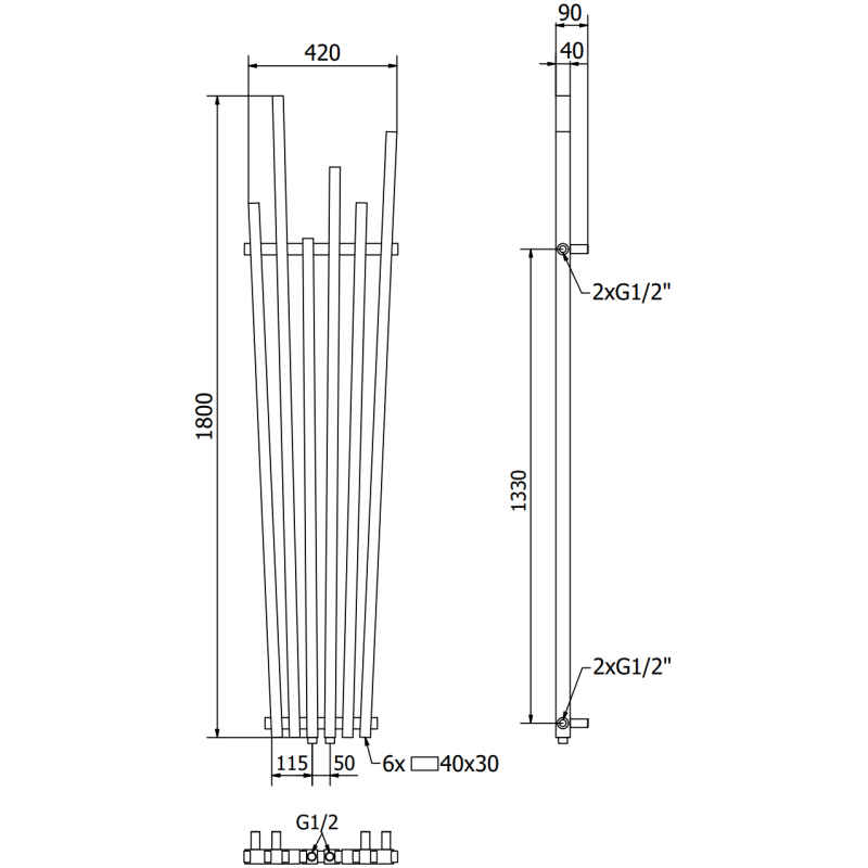 Mexen Omaha radiateur décoratif 1800 x 420 mm, 655 W, noir - W208-1800-420-00-70