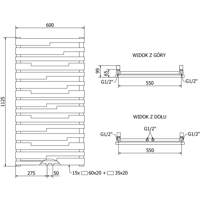 Mexen Provo radiateur décoratif 1125 x 600 mm, 799 W, noir - W209-1125-600-00-70