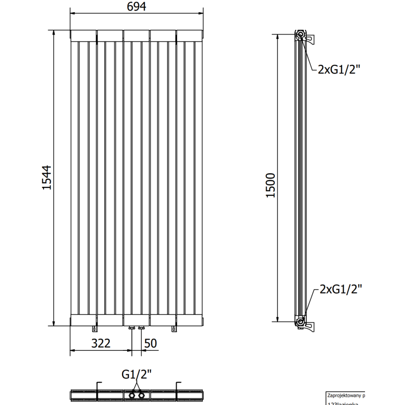 Mexen Waco radiateur décoratif 1544 x 694 mm, 1550 W, noir - W217-1544-694-00-70