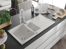 Mexen Andres évier en granit 1,5 cuves avec égouttoir et robinet Aster, blanc - 6515-20-73450-02