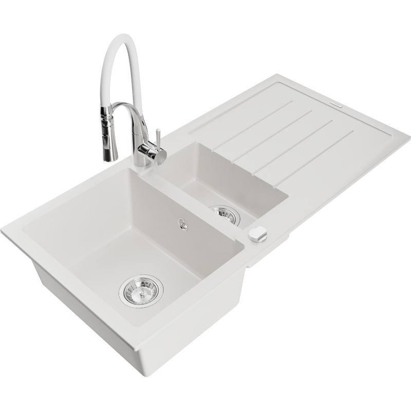 Mexen Andres évier en granit 1,5 cuves avec égouttoir et robinet Aster, blanc - 6515-20-73450-02