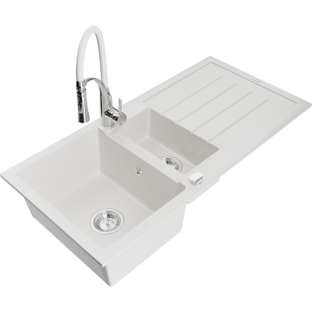 Mexen Andres évier en granit 1,5 cuves avec égouttoir et robinet Aster, blanc - 6515-20-73450-02