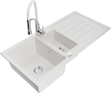 Mexen Andres évier en granit 1,5 cuves avec égouttoir et robinet Aster, blanc - 6515-20-73450-02