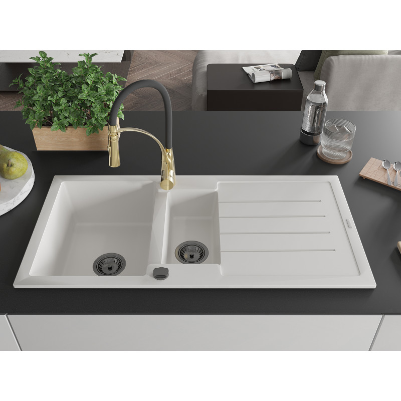 Mexen Andres évier en granit 1,5 cuves avec égouttoir et robinet de cuisine Aster, blanc - 6515-20-73450-57-B