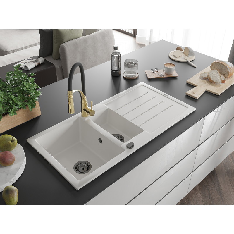 Mexen Andres évier en granit 1,5 cuves avec égouttoir et robinet de cuisine Aster, blanc - 6515-20-73450-57-B