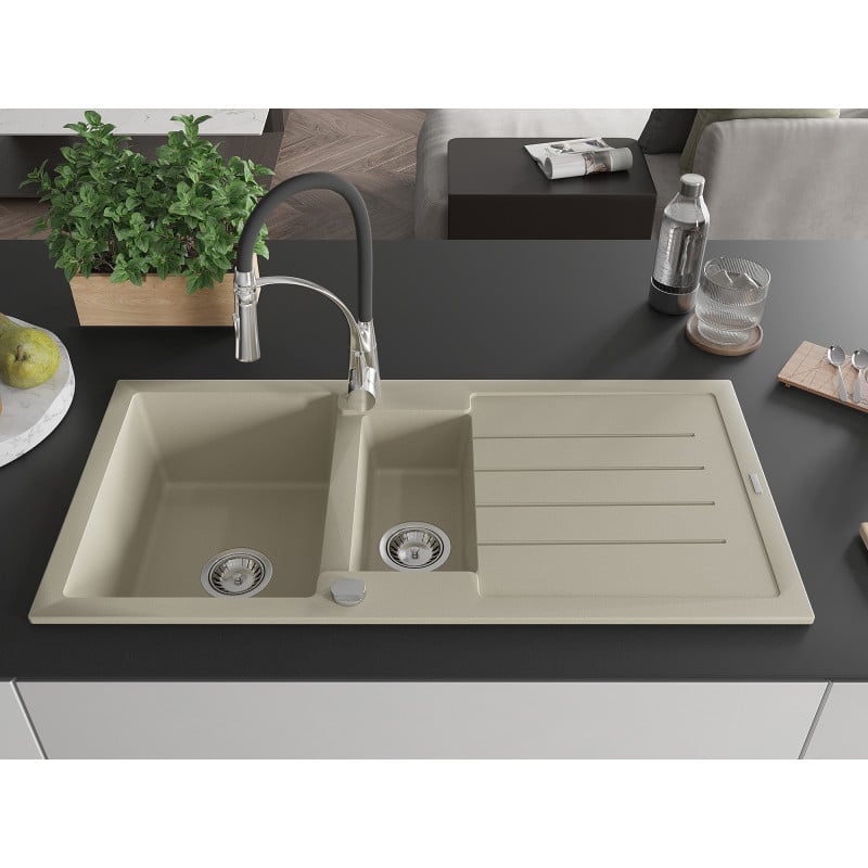 Mexen Andres évier en granit 1,5 cuves avec égouttoir et robinet de cuisine Aster, beige - 6515-69-73450-07