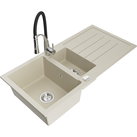 Mexen Andres évier en granit 1,5 cuves avec égouttoir et robinet de cuisine Aster, beige - 6515-69-73450-07