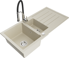 Mexen Andres évier en granit 1,5 cuves avec égouttoir et robinet de cuisine Aster, beige - 6515-69-73450-07