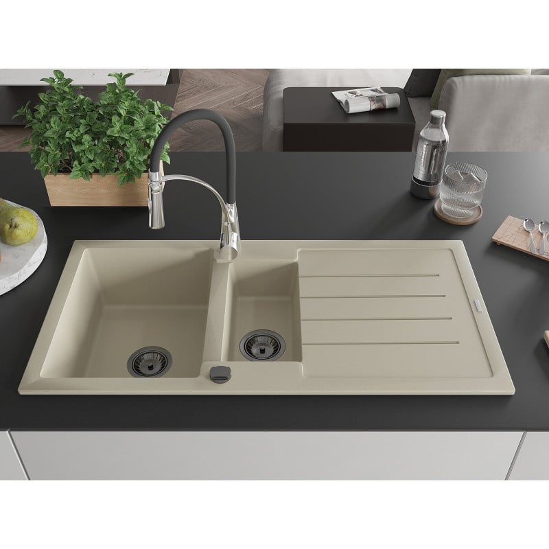 Mexen Andres évier en granit 1,5 cuves avec égouttoir et robinet de cuisine Aster, beige - 6515-69-73450-07-B