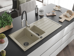 Mexen Andres évier en granit 1,5 cuves avec égouttoir et robinet de cuisine Aster, beige - 6515-69-73450-07-B
