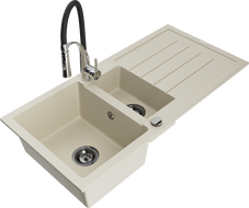 Mexen Andres évier en granit 1,5 cuves avec égouttoir et robinet de cuisine Aster, beige - 6515-69-73450-07-B